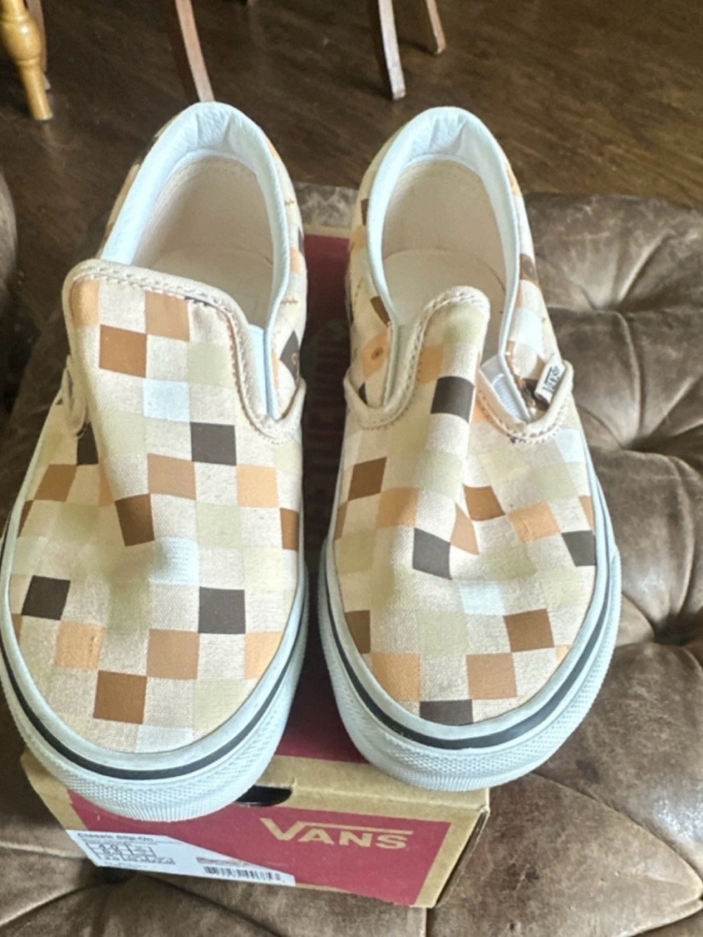 Vans Checkerboard Slip-On Breast Cancer Awareness Sneakers in Cream & Brown